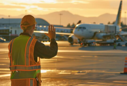 An air traffic controller guiding planes on the tarmac with hand signals. stock photo --ar 2:1 --style raw Job ID: e2add985-2b36-410d-8c55-e8e96d400233