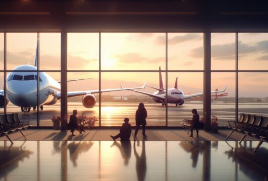 Airport interior with window sunset and airplane in background. Picturesque generative AI