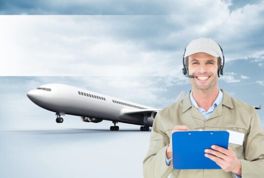 Digital composition of delivery man holding clipboard against airplane in background