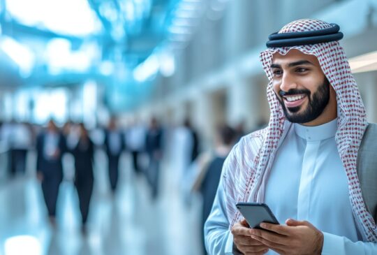 smiling-middle-eastern-businessman-using-smartphone-walking-through-busy-airport-terminal