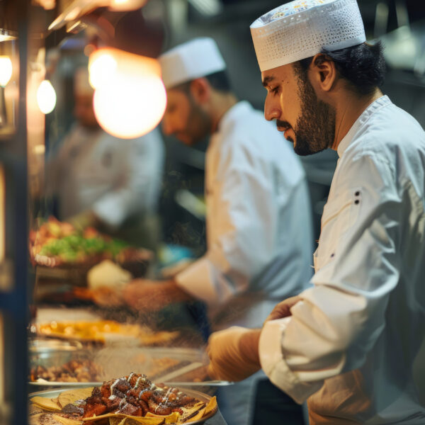 an Arabian family business working together in a restaurant kitchen, preparing meals