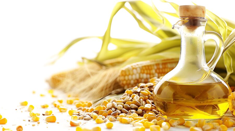 Corn oil on a white background with a place for text. The oil is a healthy cooking ingredient and can be used in various dishes. Place your text next to the bottle to advertise your product.