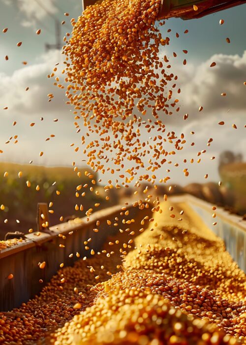 Harvester pouring freshly harvested corn grains out of a container