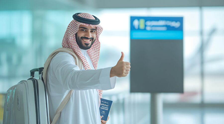 Smiling man wearing traditional clothing in airport with luggage and passport.